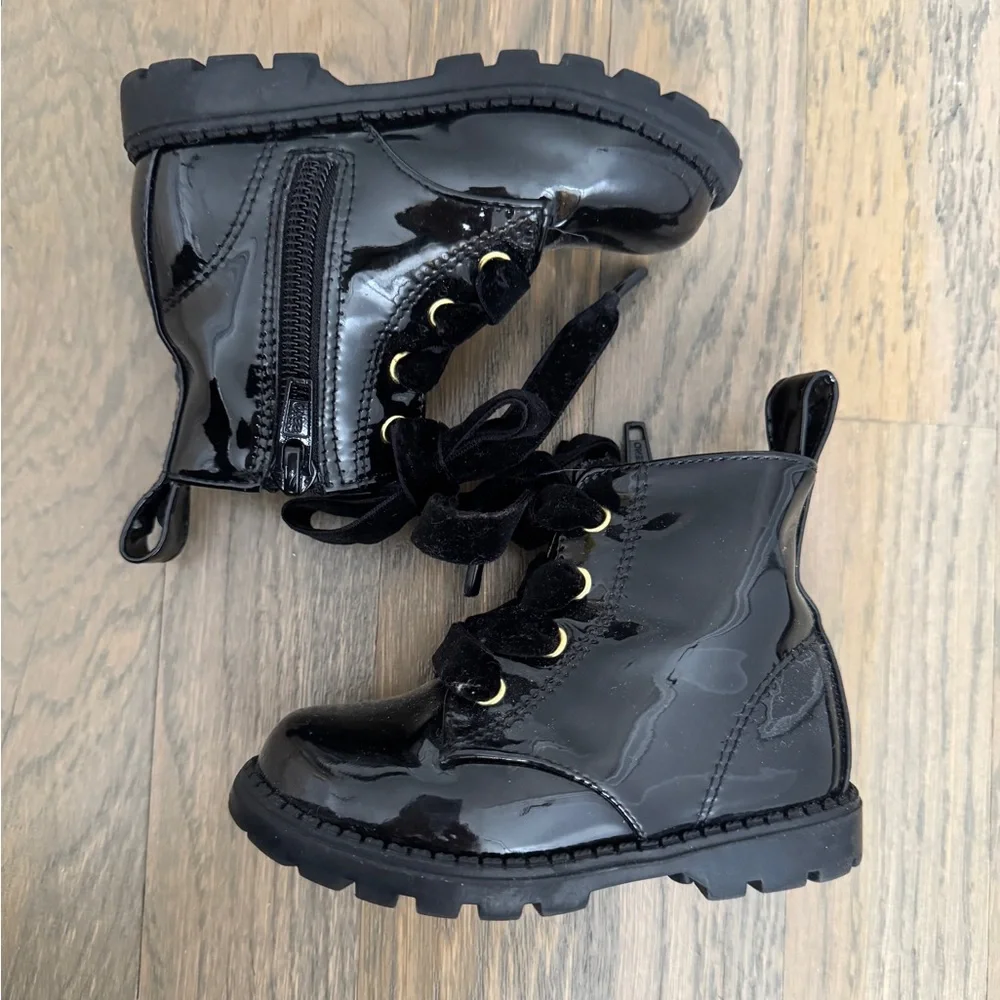 H&M Baby Patent Black Boots 4.5 | Velvet Lace Zip Warm Lined Combat Booties